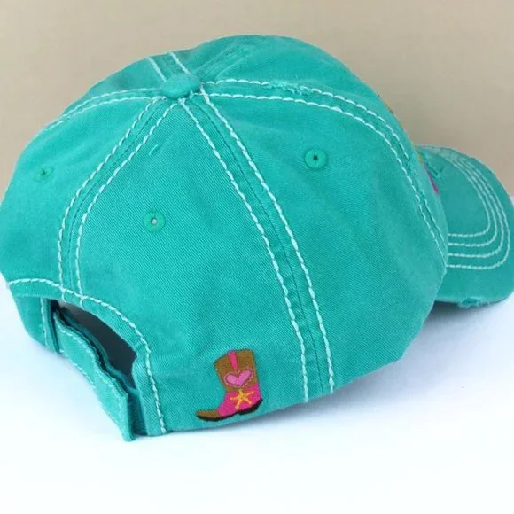 KBETHOS Cowgirl At Heart Distressed Ball Cap Hat Teal NWT - Picture 3 of 4